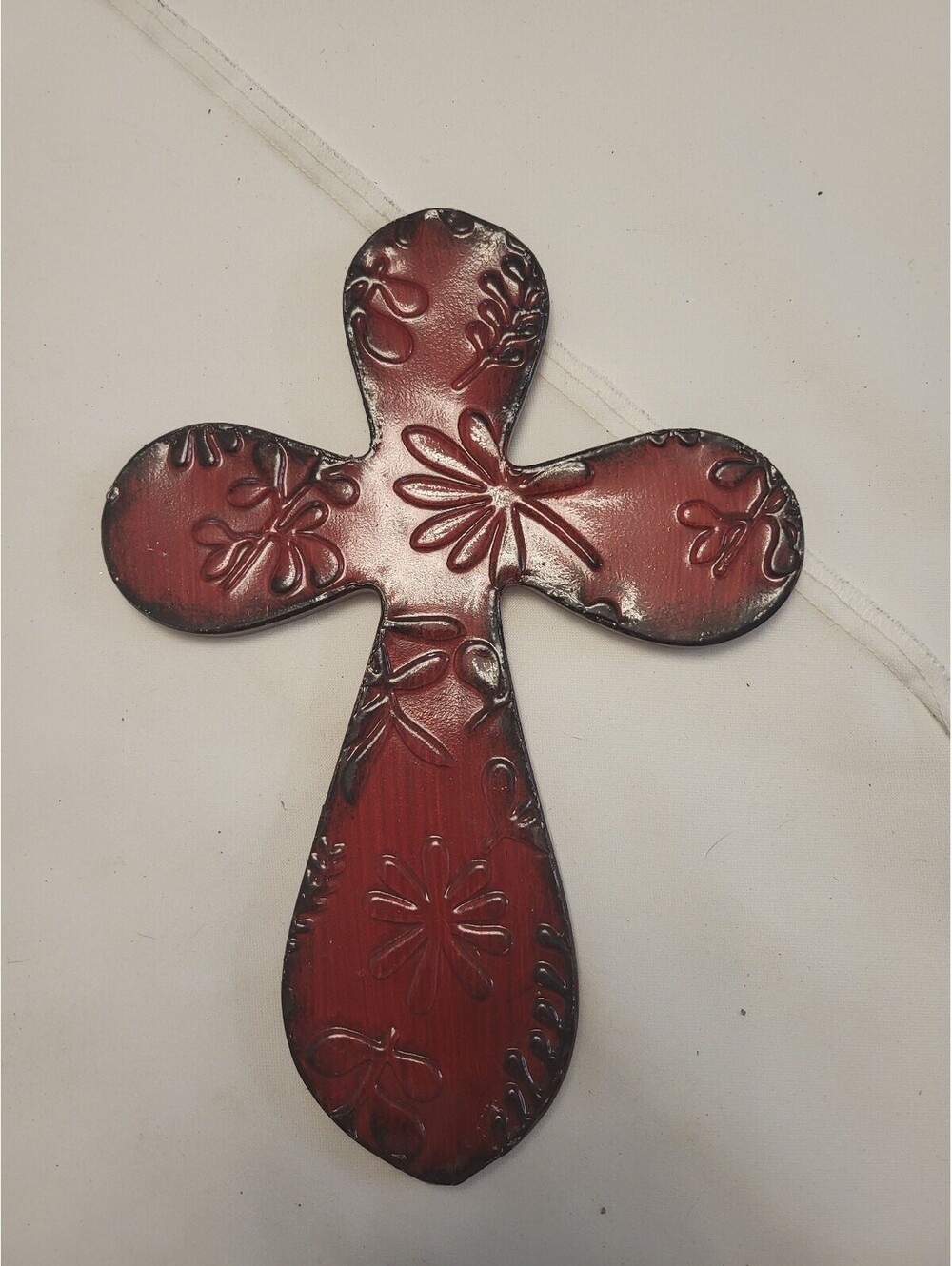 Decorative Red Metal 10x7.5" Cross with Embossed Floral Design